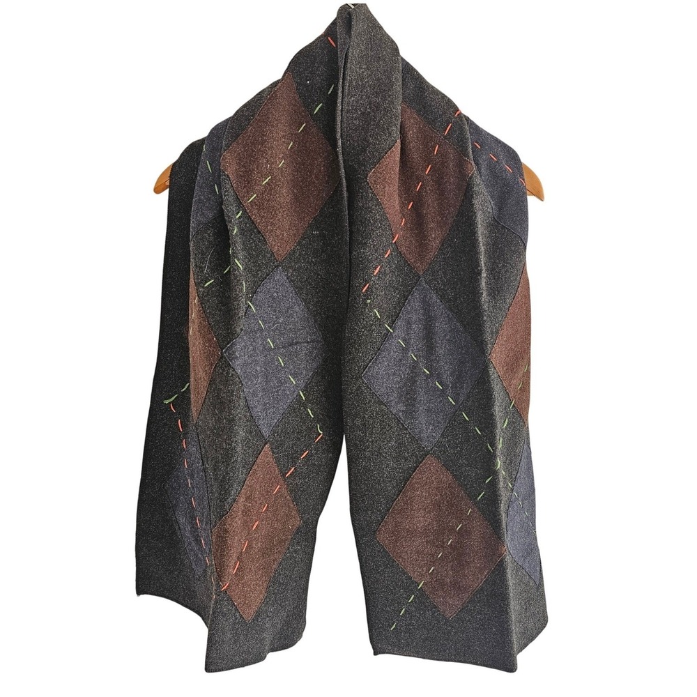 VTG GAP Wool Blend Scarf Rectangular Argyle Embroidered Gray‎ Patchwork OS ~